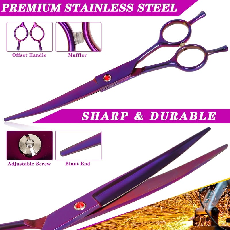 sumcoo Dog Grooming Scissors Premium Stainless Steel Curved Hair Cutting Scissors for Dogs & Cats (Purple) - Image 2